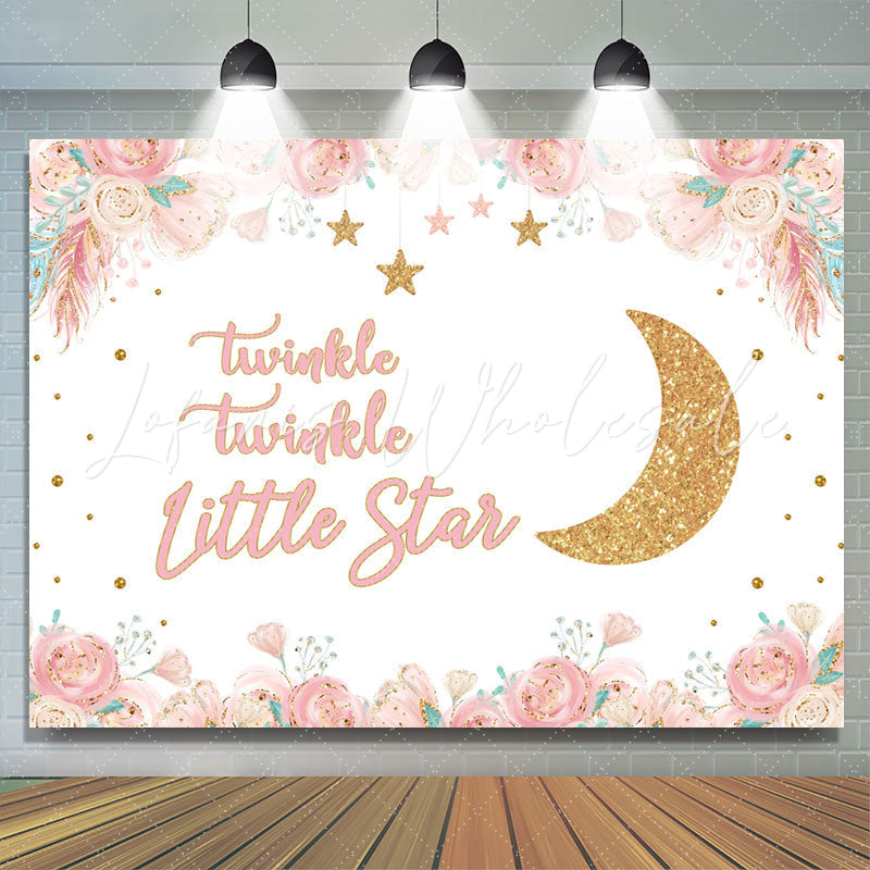 Lofaris Pink Floral And Golden Moon Stars Backdrop For Children