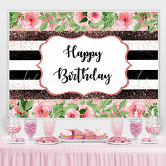 Lofaris Pink Floral And Green Leaves Glitter Birthday Backdrop