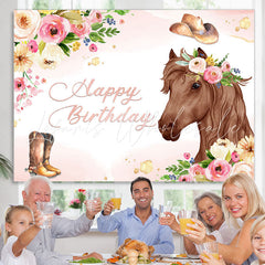 Lofaris Pink Floral and Horse Cowboy Themed Birthday Backdrop