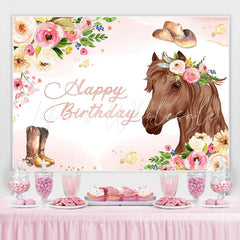 Lofaris Pink Floral and Horse Cowboy Themed Birthday Backdrop