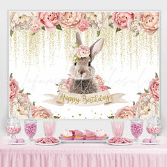 Lofaris Pink Floral And Rabbit Glitter Happy Birthday Backdrop