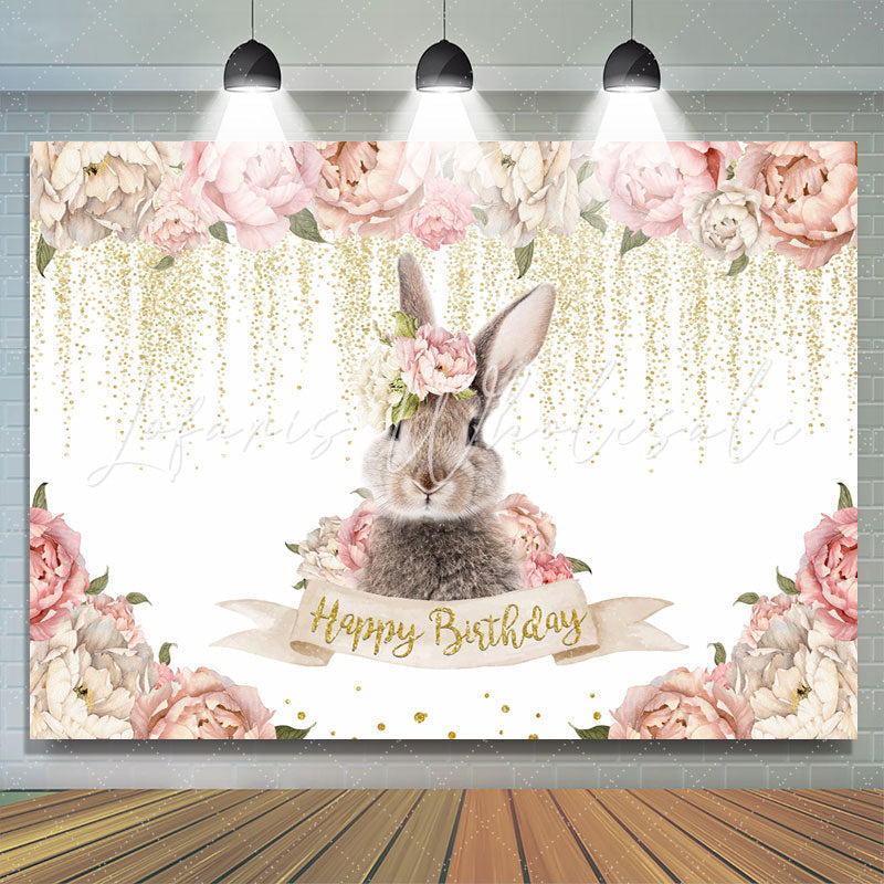 Lofaris Pink Floral And Rabbit Glitter Happy Birthday Backdrop