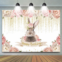 Lofaris Pink Floral And Rabbit Glitter Happy Birthday Backdrop