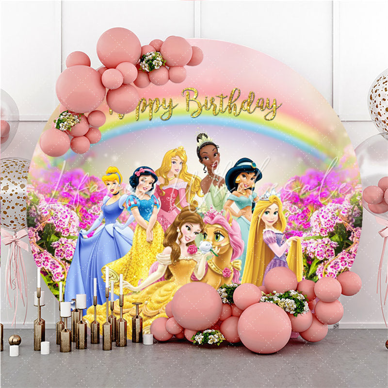 Lofaris Pink Floral And Rainbow Round Princess Birthday Backdrop