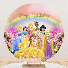 Lofaris Pink Floral And Rainbow Round Princess Birthday Backdrop