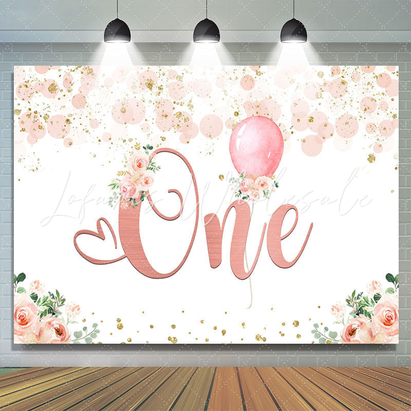 Lofaris Pink Floral Balloon 1st Birthday Backdrop for Girl