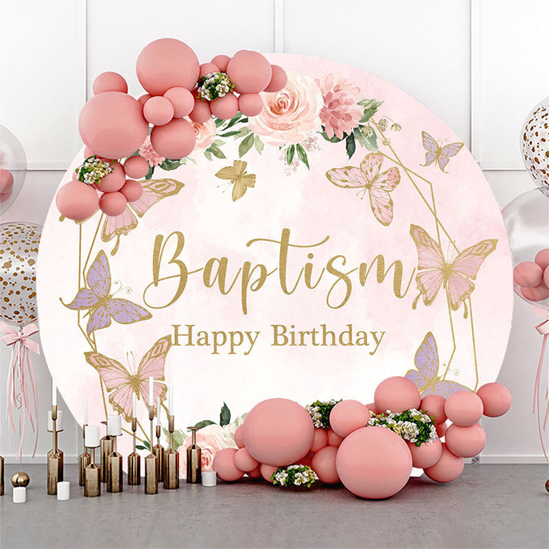 Lofaris Pink Floral Baptism Round Happy Birthday Backdrop