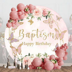 Lofaris Pink Floral Baptism Round Happy Birthday Backdrop