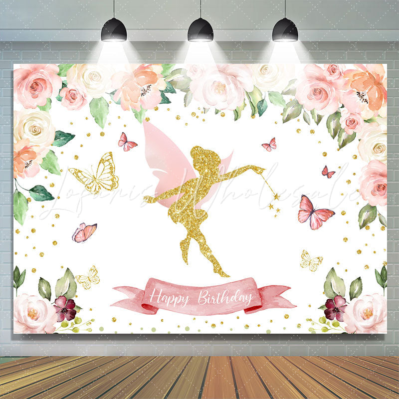 Lofaris Pink Floral Butterfly Fairy Happy Birthday Backdrop