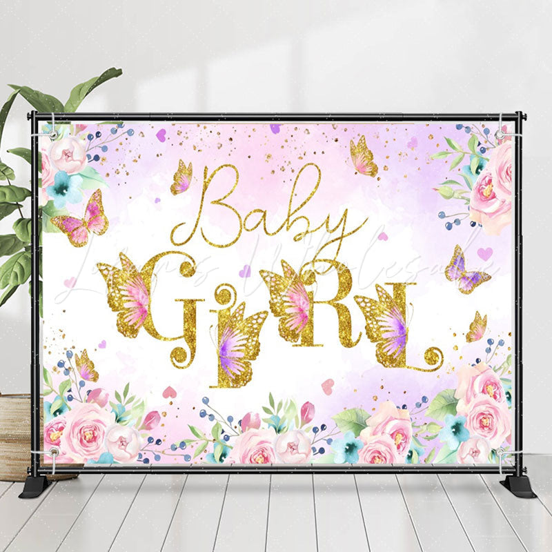 Lofaris Pink Floral Butterfly Girls Baby Shower Backdrop