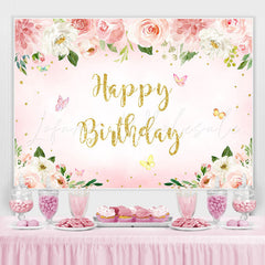 Lofaris Pink Floral Butterfly Glitter Happy Birthday Backdrop