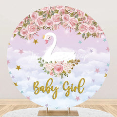 Lofaris Pink Floral Cloud Swan Round Baby Shower Backdrop