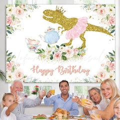 Lofaris Pink Floral Dinosaur Birthday Photoshoot Backdrop