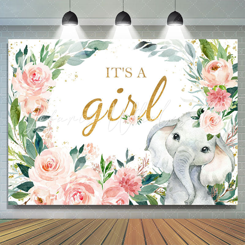 Lofaris Pink Floral Elephant Its A Girl Baby Shower Backdrop