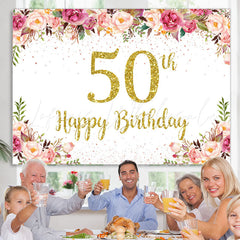 Lofaris Pink Floral Glitter 50th Birthday Backdrop For Women