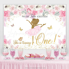 Lofaris Pink Floral Glitter Butterfly Happy 1st Birthday Backdrop