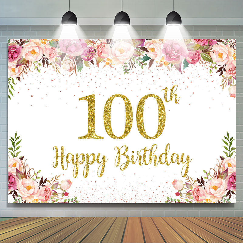 Lofaris Pink Floral Glitter Gold White 100th Birthday Backdrop