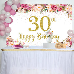 Lofaris Pink Floral Glitter Gold White 30th Birthday Backdrop