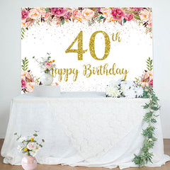 Lofaris Pink Floral Glitter Gold White 40th Birthday Backdrop