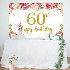 Lofaris Pink Floral Glitter Gold White 60th Birthday Backdrop