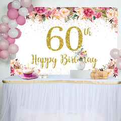 Lofaris Pink Floral Glitter Gold White 60th Birthday Backdrop