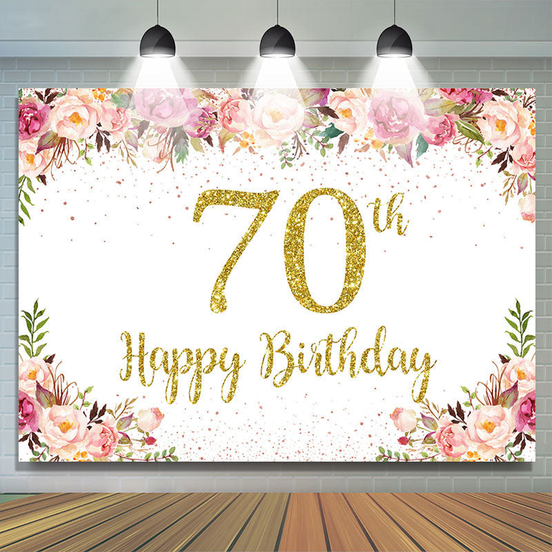 Lofaris Pink Floral Glitter Gold White 70th Birthday Backdrop