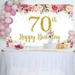 Lofaris Pink Floral Glitter Gold White 70th Birthday Backdrop