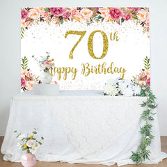 Lofaris Pink Floral Glitter Gold White 70th Birthday Backdrop