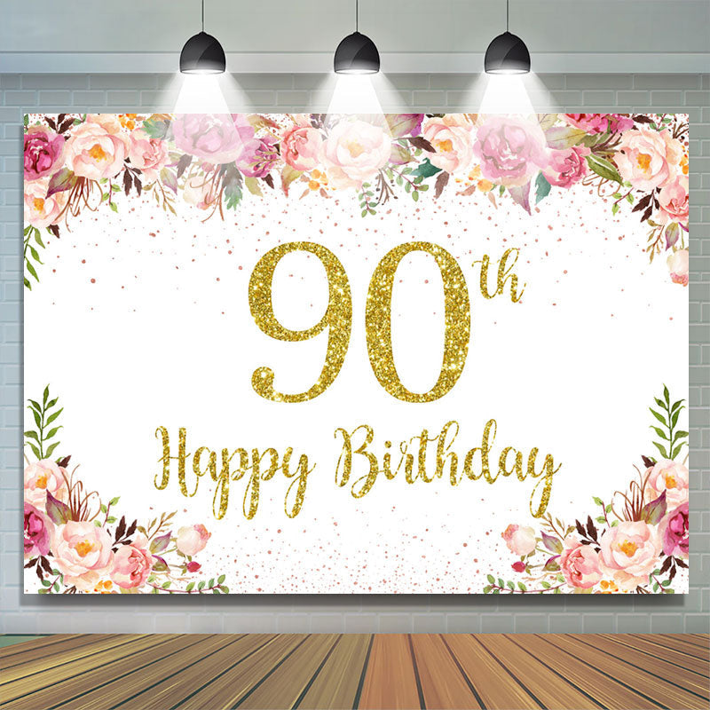 Lofaris Pink Floral Glitter Gold White 90th Birthday Backdrop