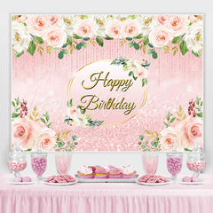 Lofaris Pink Floral Glitter Happy Birthday Backdrop For Girl