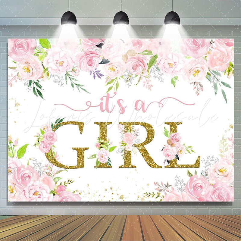 Lofaris Pink Floral Glitter Its A Girl Baby Shower Backdrop