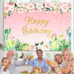 Lofaris Pink Floral Glitter Plant Theme Happy Birthday Backdrop