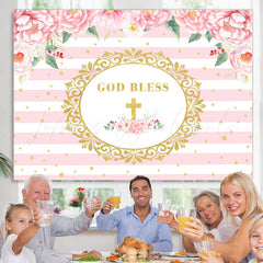 Lofaris Pink Floral God Bless Gold Stripe Backdrop for Photo