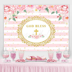 Lofaris Pink Floral God Bless Gold Stripe Backdrop for Photo