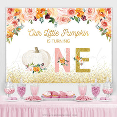 Lofaris Pink Floral Gold Glitter Pumpkin 1st Birthday Backdrop