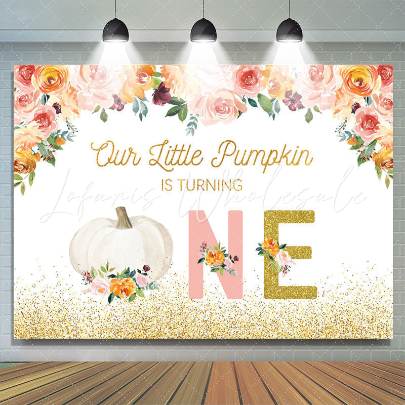 Lofaris Pink Floral Gold Glitter Pumpkin 1st Birthday Backdrop