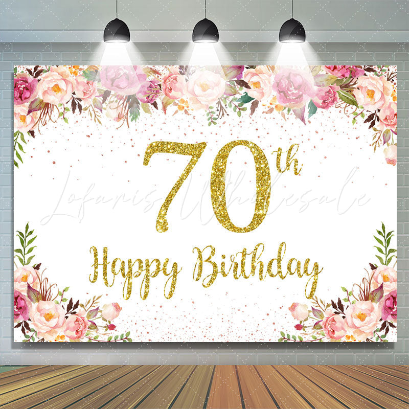 Lofaris Pink Floral Golden Glitter 70th Birthday Backdrop