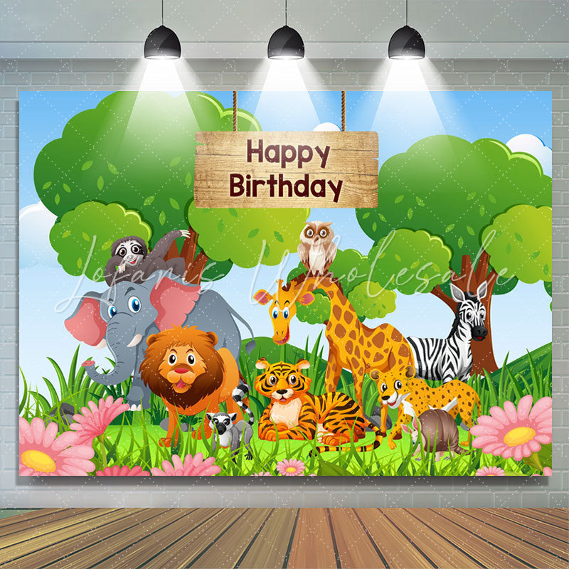 Lofaris Pink Floral Green Forest Cartoon Animals Birthday Backdrop