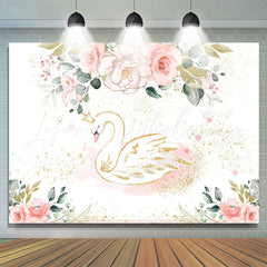 Lofaris Pink Floral Green Leaf Gold Glitter Swan Birthday Backdrop