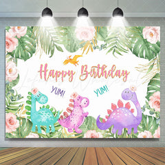 Lofaris Pink Floral Green Leaves Cute Dinosaur Birthday Backdrop