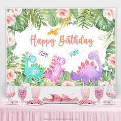 Lofaris Pink Floral Green Leaves Cute Dinosaur Birthday Backdrop