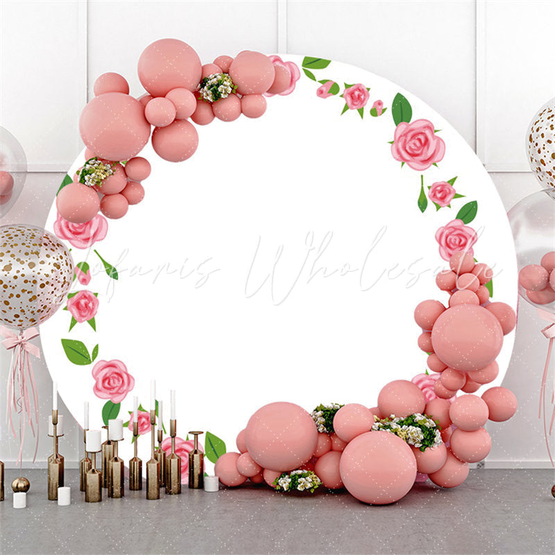 Lofaris Pink Floral Green Leaves Round White Wedding Backdrop