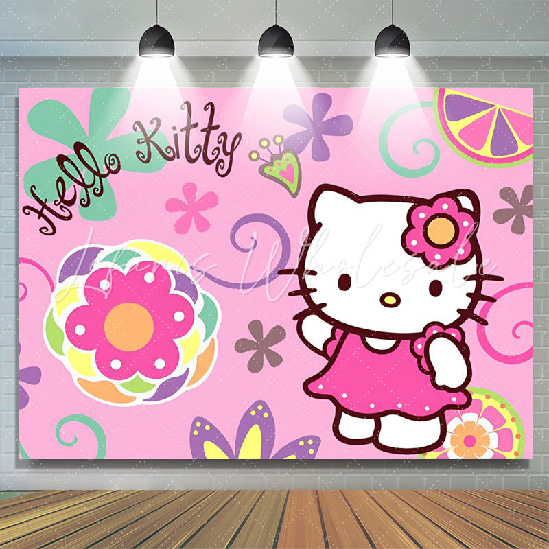 Lofaris Pink Floral Hello Kitty Theme Birthday Backdrop