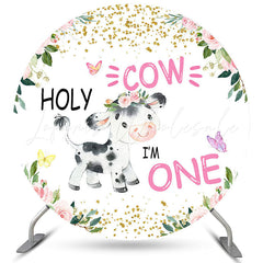 Lofaris Pink Floral Holy Cow Round Happy 1st Birthday Backdrop