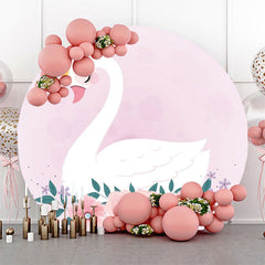 Lofaris Pink Floral Leaf White Swan Round Birthday Backdrop