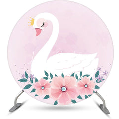 Lofaris Pink Floral Leaf White Swan Round Birthday Backdrop