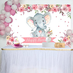 Lofaris Pink Floral Lovely Elephant Happy Birthday Backdrop