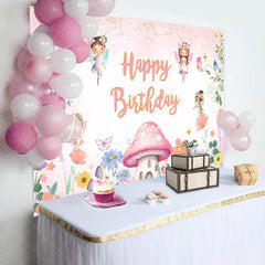 Lofaris Pink Floral Mushroom Angel Happy Birthday Backdrop