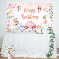 Lofaris Pink Floral Mushroom Angel Happy Birthday Backdrop