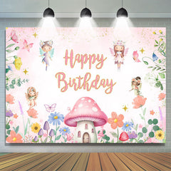 Lofaris Pink Floral Mushroom Angel Happy Birthday Backdrop